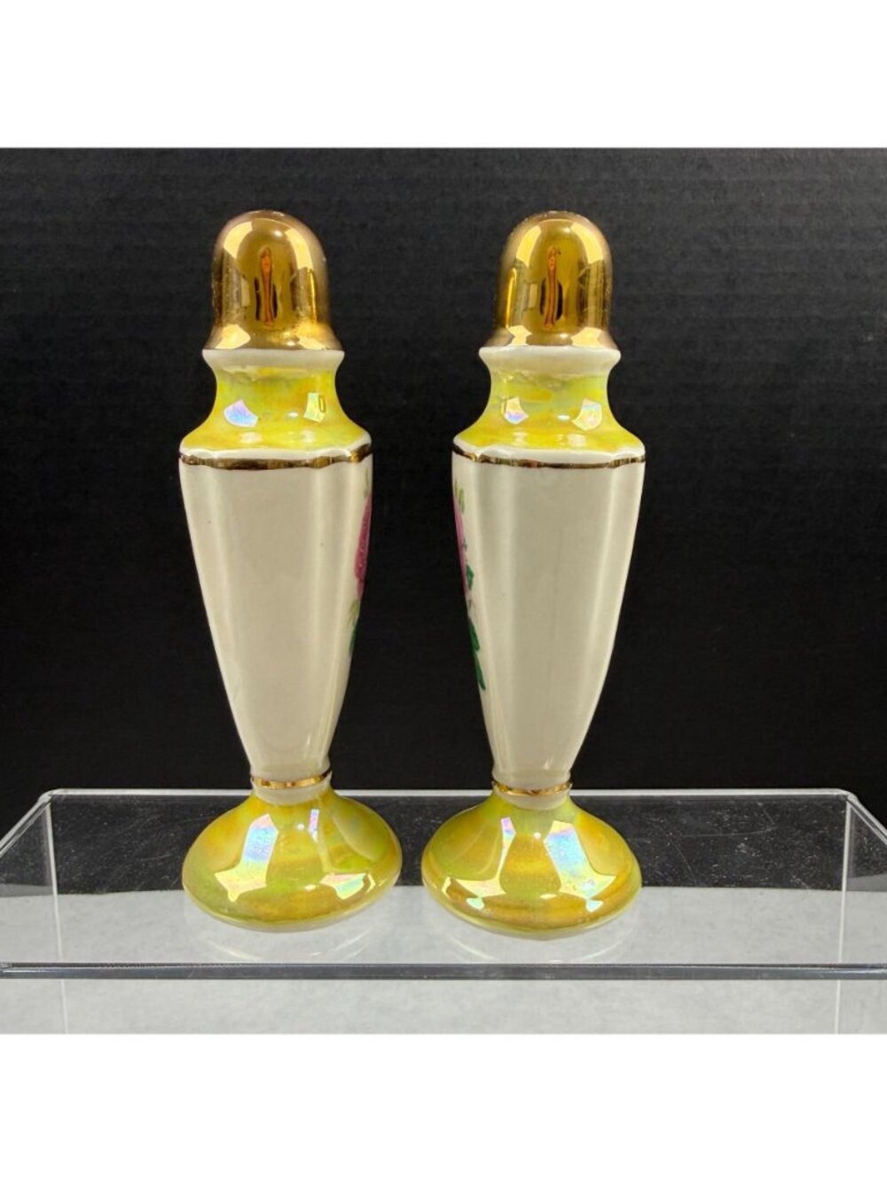 Vintage Salt and Pepper Shakers Yellow Lusterware Pink Rose - Picture 2 of 7